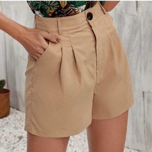 Pleated Button Front Khaki Shorts with button